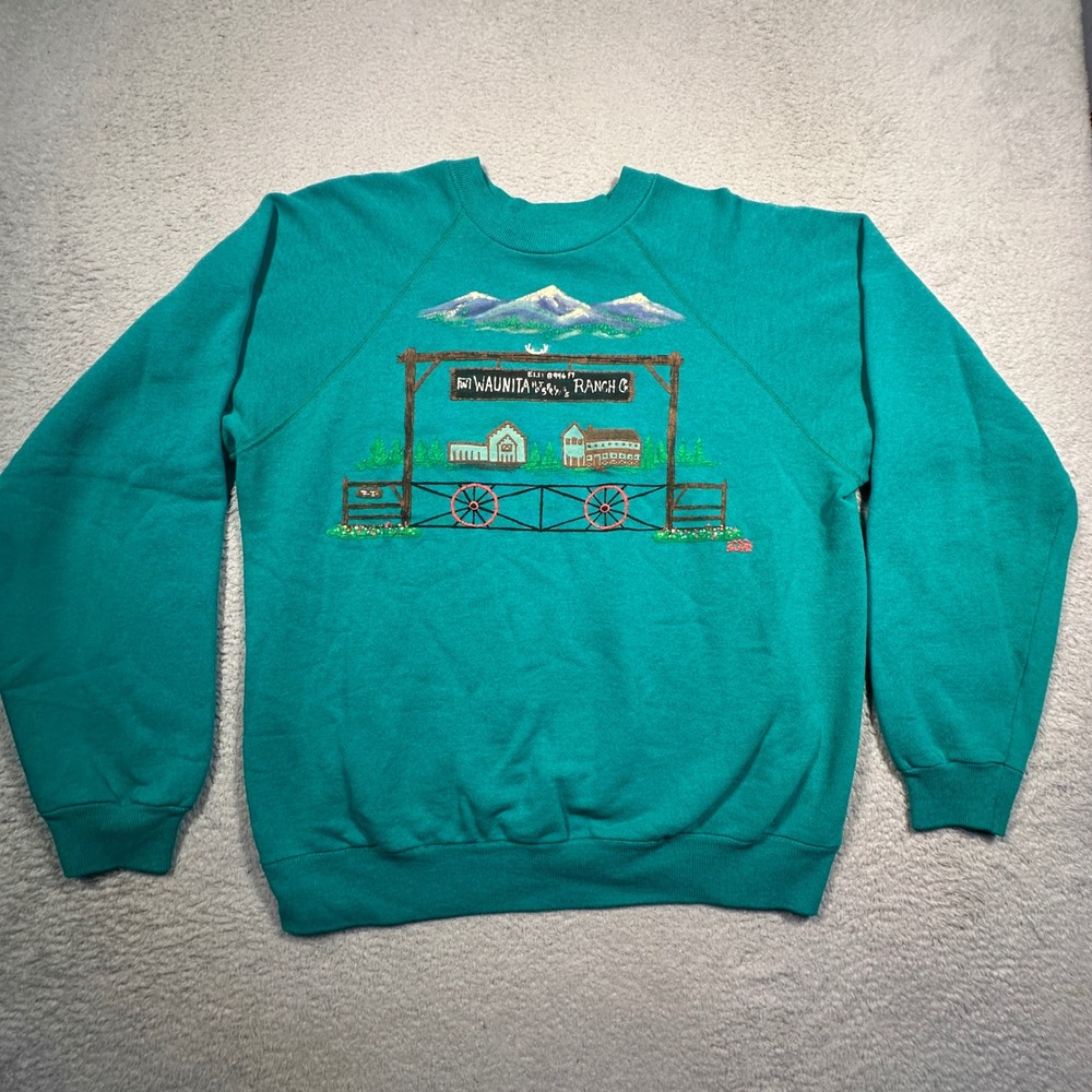 Hanes Sweatshirt Womens L Teal Waunita Ranch Puff Print Vintage 90s USA Made